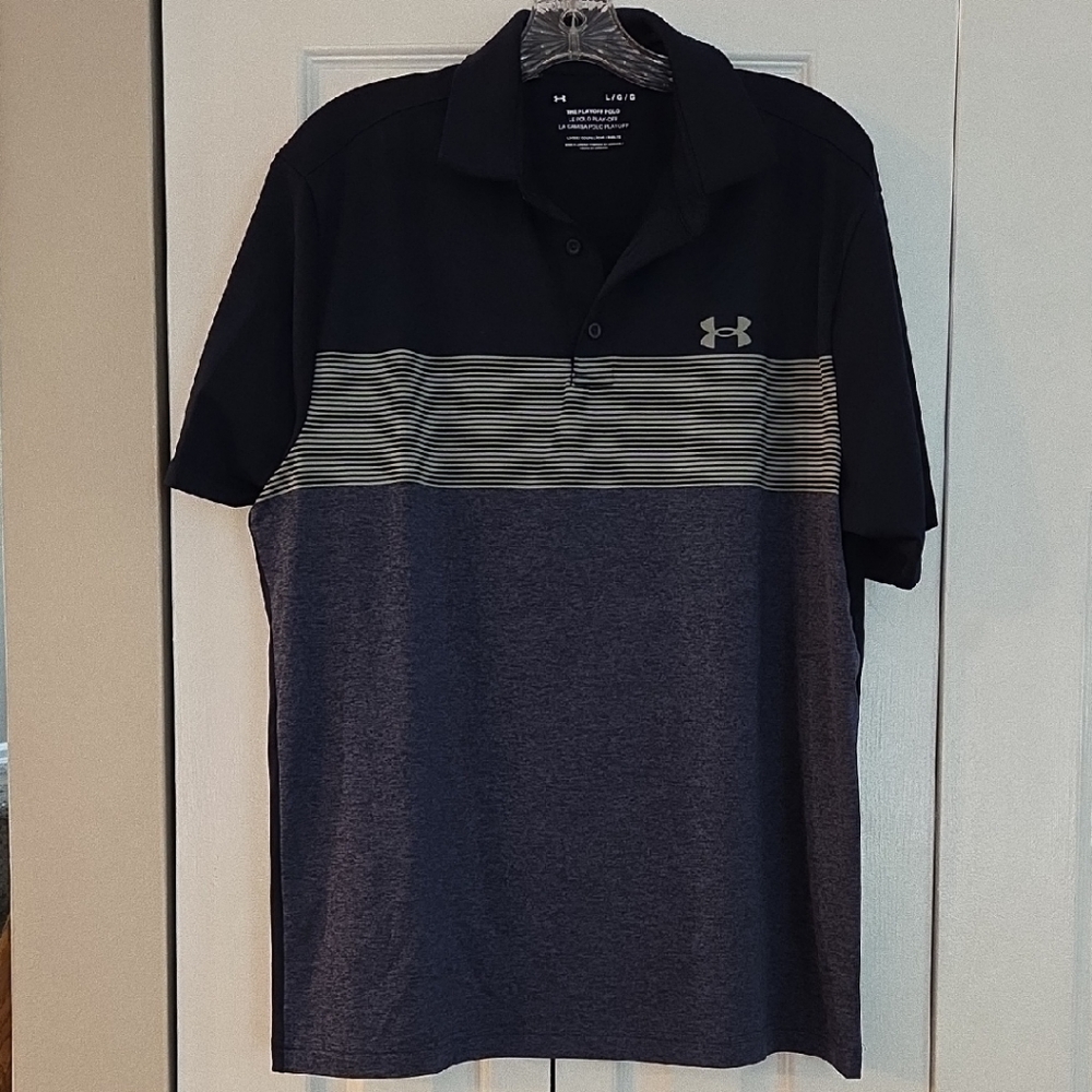 Under Armour Men's Striped Navy Blue and Gray Polo - Picture 3 of 7